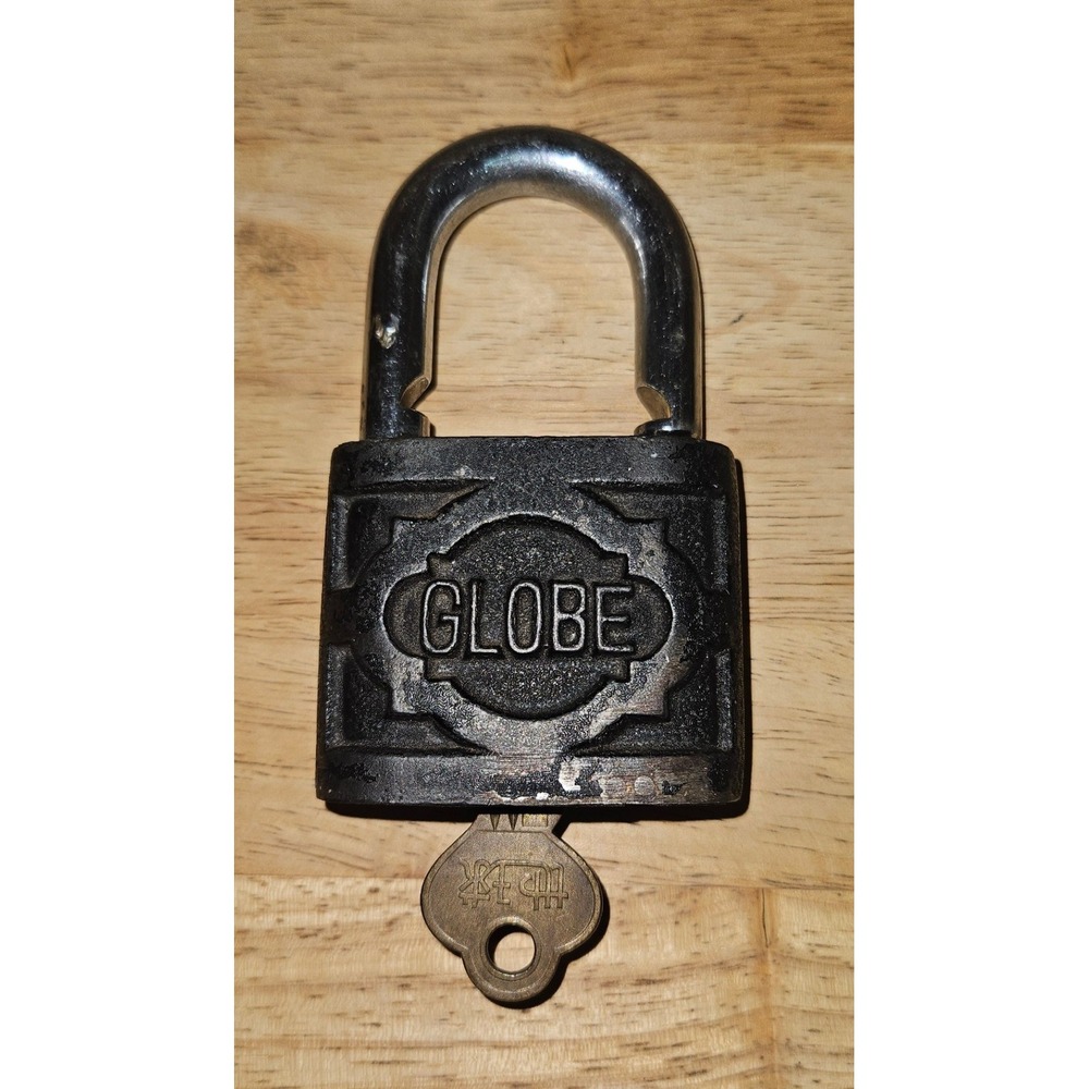 Vintage Globe Cast Iron Padlock w/Original Key Antique Industrial Security READ